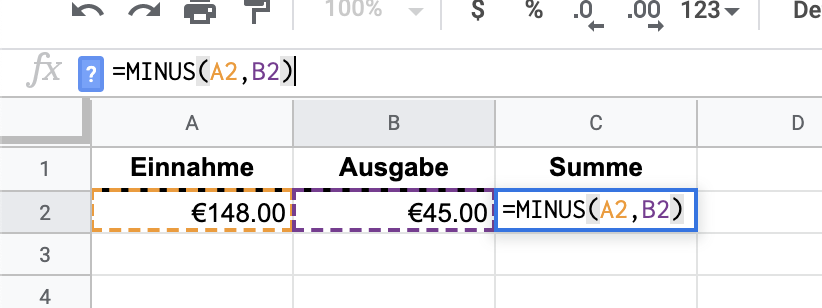 Google Tabellen Minus Formel